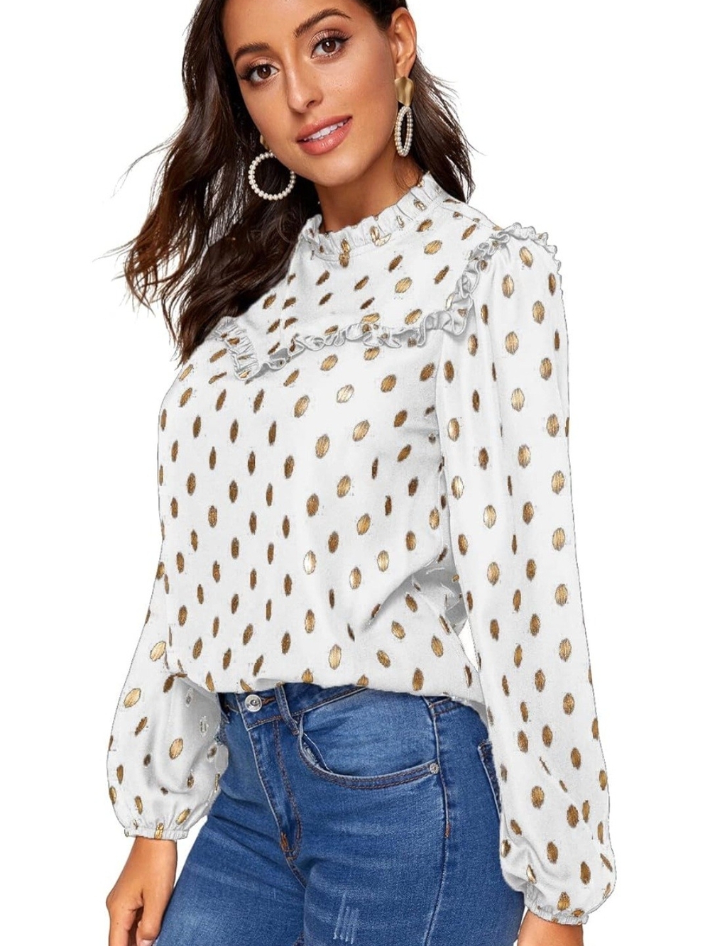 Cream Blouse with Gold Dot Print and Ruffle High Neck